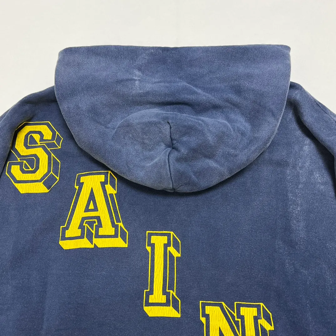 SAINT M×××××× ANGEL HOODIE/NAVY Angel Reborn Blue Hoodie Washed Blue S-XL Assute Garment Dyeing Full Clothes Water Fading Mud Dyeing Dirty Distress New Vintage Ceiling God Tailoring Original Super Loose Fit Customized Original Accessories God-level Print Restoration